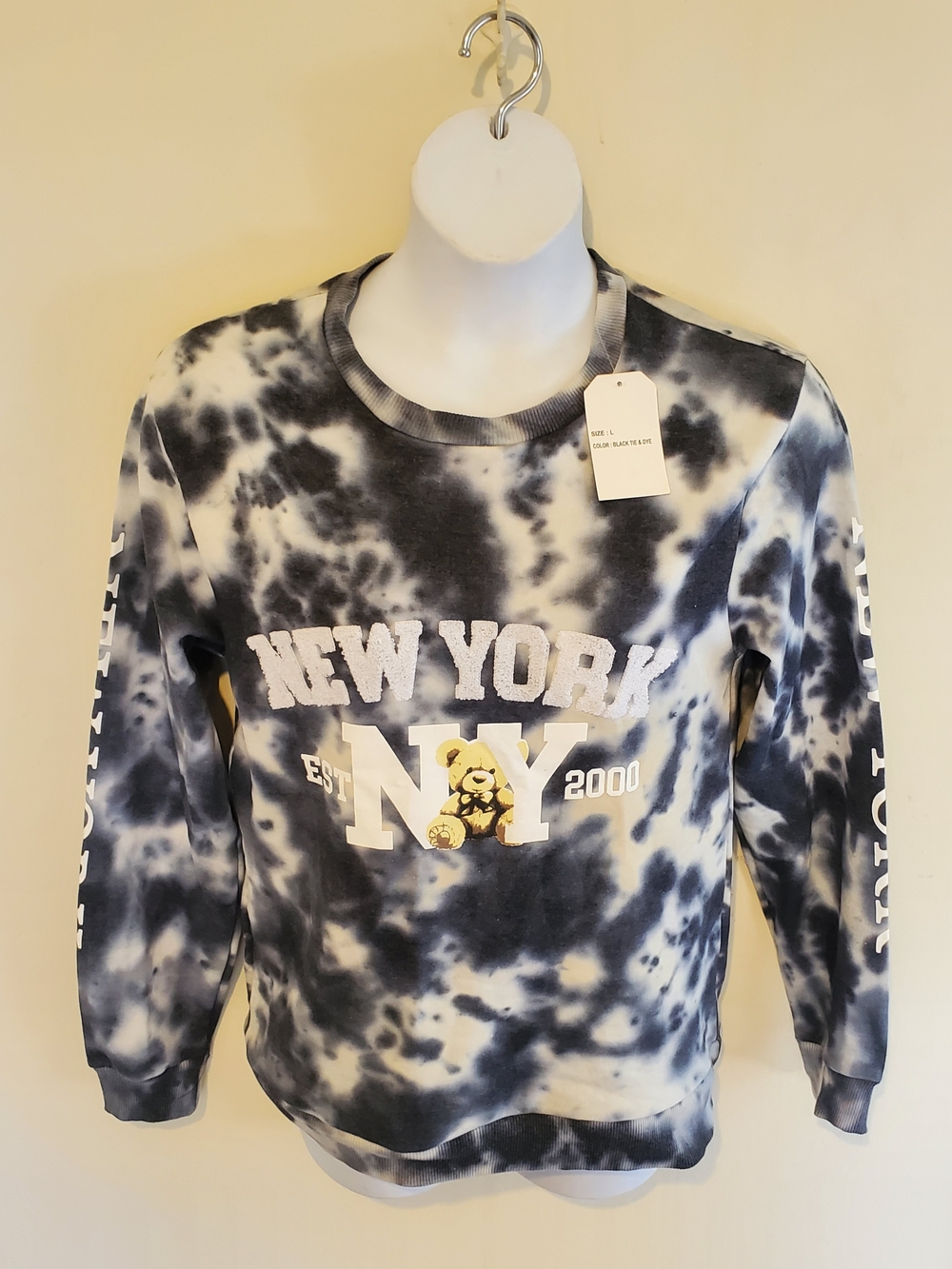 New York NY Tie-Dye Crewneck Sweatshirt - Black & White SIZE L